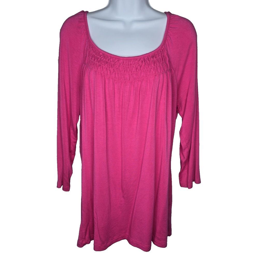 AGB Smocked‎ Scoop Neck Tunic Top Women Large Pink 3/4 Sleeve Barbiecore Flowy